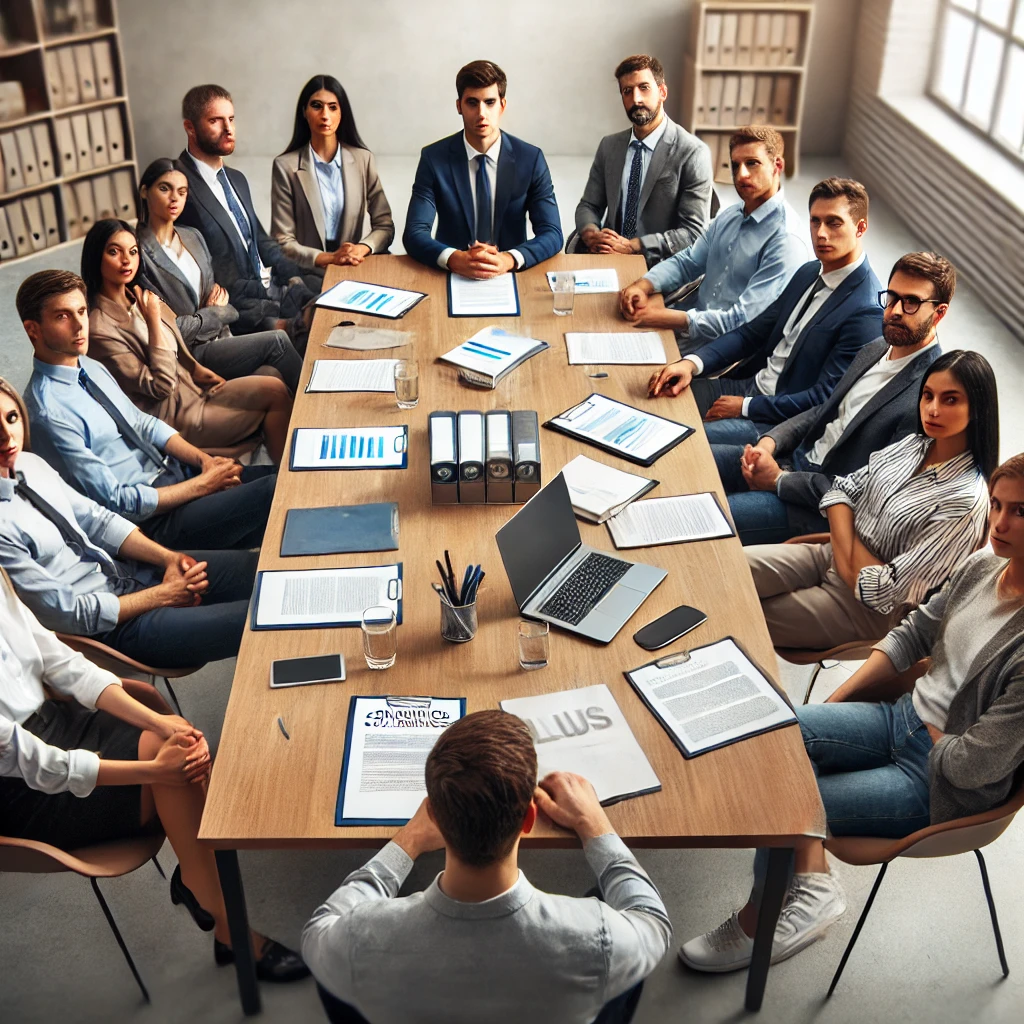 Reunión laboral entre representantes de empleados y empleadores negociando un convenio colectivo en un entorno profesional, con documentos y laptops visibles en la mesa