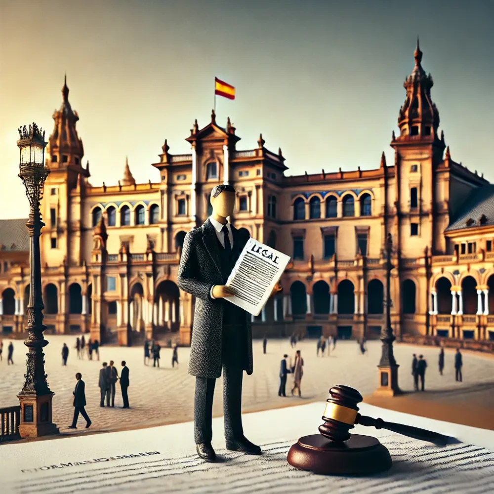 Abogado especializado en trámites de extranjería con la Plaza de España de Sevilla de fondo, representando la obtención del NIE en España