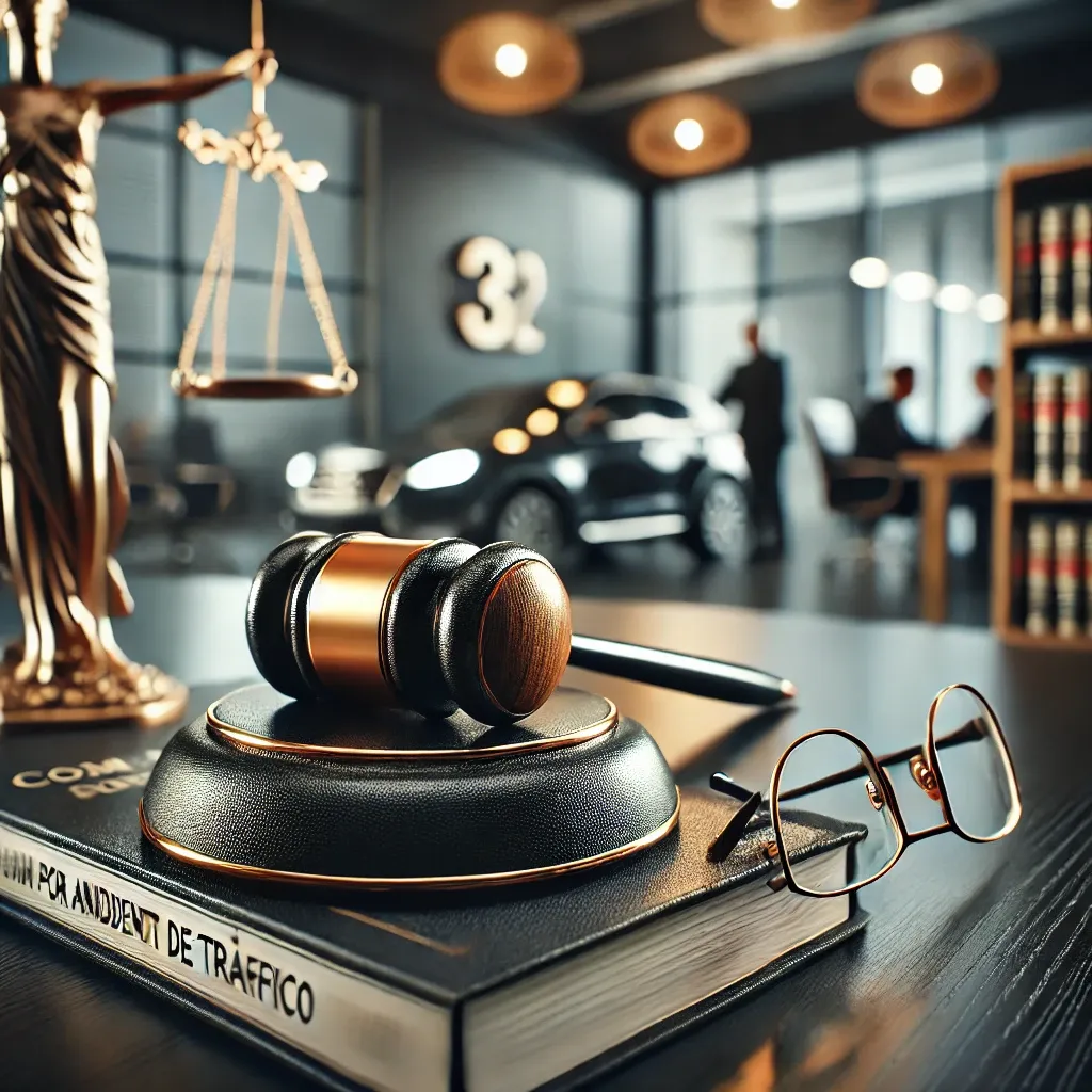Escena de oficina jurídica con un mazo de juez, la balanza de la justicia y un coche de fondo, representando la reclamación de indemnización por accidentes de tráfico
