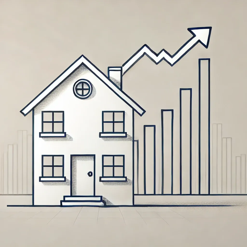 Ilustración de un edificio residencial con un fondo que sugiere un aumento en los precios del alquiler, simbolizando el impacto del nuevo índice de renta