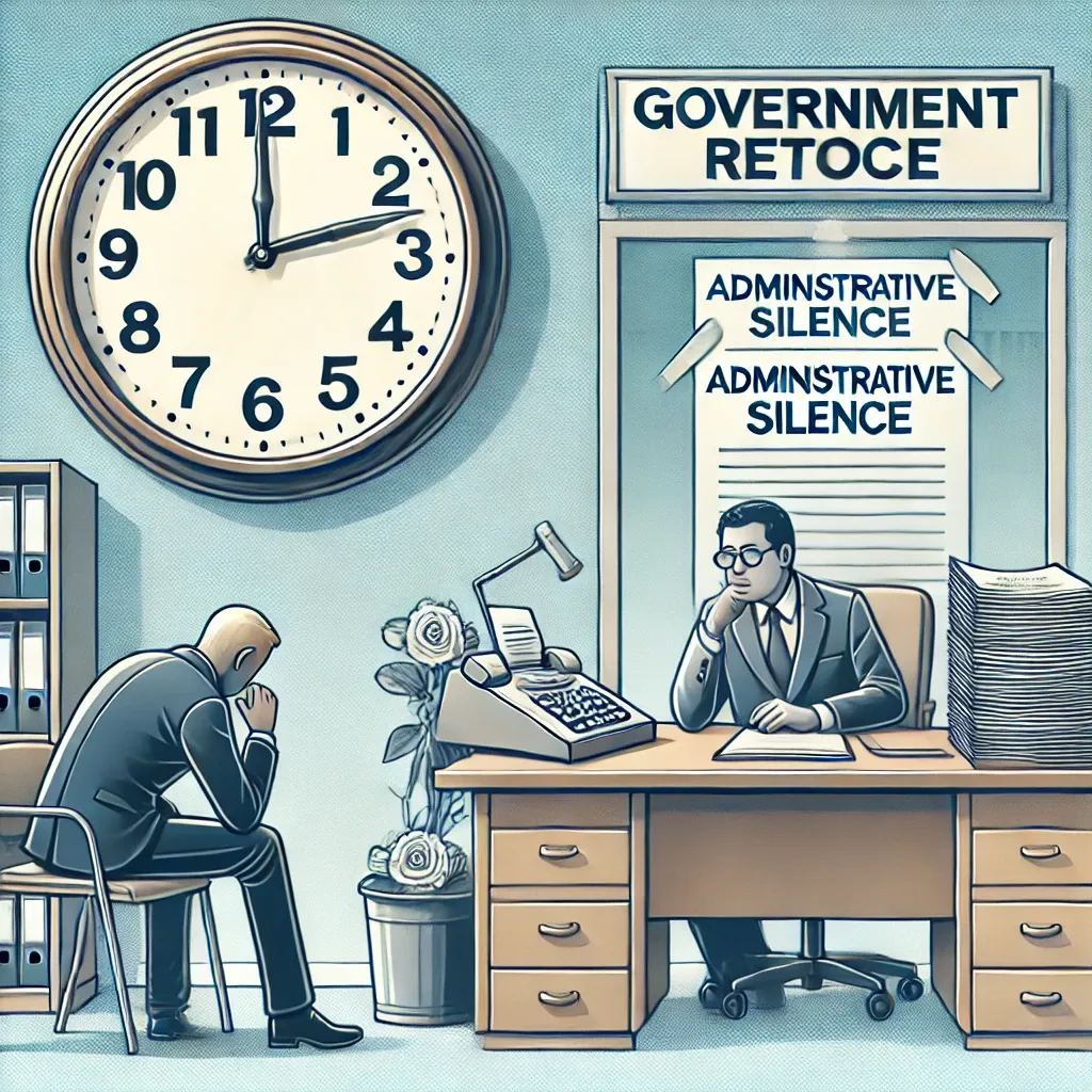 Ilustración de un ciudadano esperando respuesta en una oficina administrativa, con un reloj y documentos que simbolizan la burocracia y el silencio administrativo