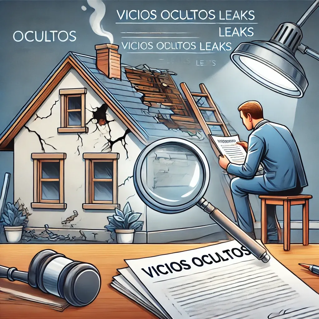 • Ilustración de un comprador inspeccionando una vivienda recién adquirida y descubriendo defectos ocultos, con una lupa resaltando los problemas y documentos legales en la mesa