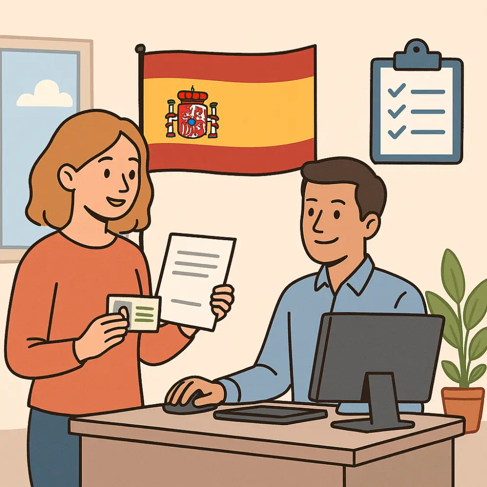 Ilustración de una mujer extranjera entregando documentos a un funcionario en una oficina de empadronamiento en España