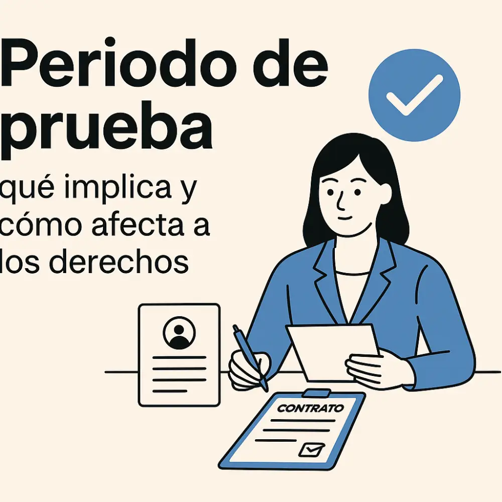 Gráfico informativo en español que explica el periodo de prueba en un contrato laboral y cómo afecta a los derechos del trabajador