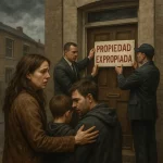 Familia angustiada observa cómo funcionarios colocan un cartel de "Propiedad expropiada" en la puerta de su vivienda bajo un cielo nublado.
