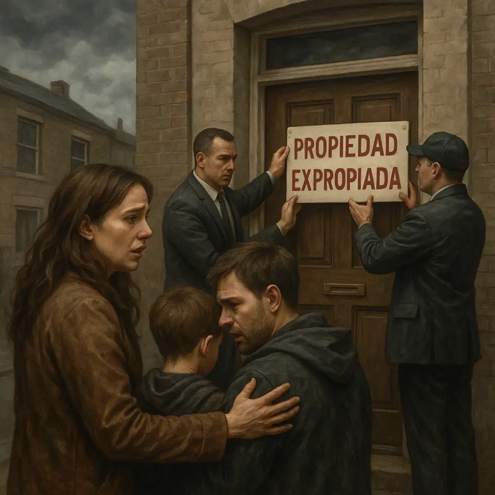 Familia angustiada observa cómo funcionarios colocan un cartel de "Propiedad expropiada" en la puerta de su vivienda bajo un cielo nublado.