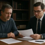Hombre de mediana edad consulta con un abogado en una oficina legal, revisando documentos sobre incapacidad permanente