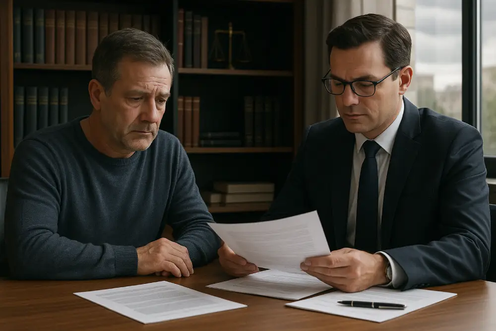 Hombre de mediana edad consulta con un abogado en una oficina legal, revisando documentos sobre incapacidad permanente