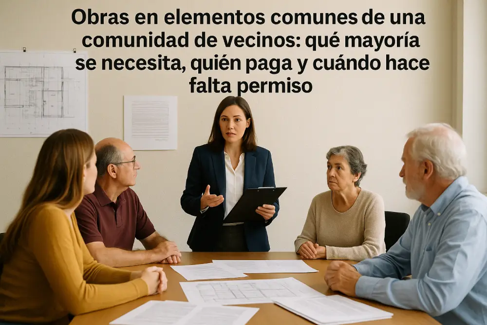 Reunión de vecinos, abogada explicando, obras en elementos comunes, comunidad de propietarios