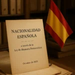 • Documento oficial de nacionalidad española y bandera de España sobre fondo de archivo histórico